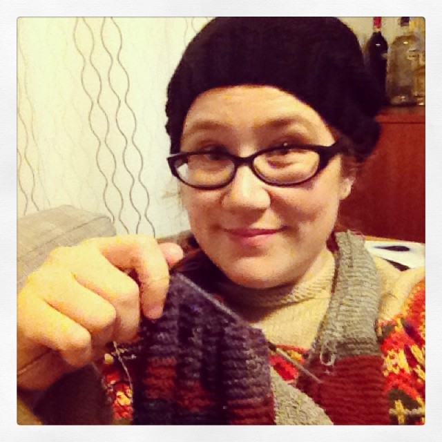 Energy efficient winter warming: handknit hat, handknit jumper, and wearing a scarf while I'm knitting it. #thegoodhood