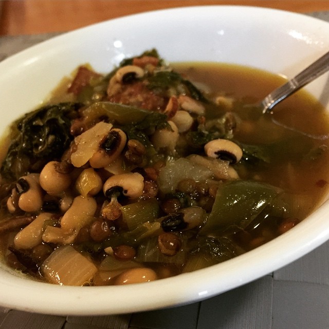 SouperBowl! Black-Eyed Pea Stew with Kale and Chorizo. #madebyme #yum