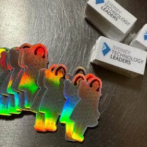 Holographic stickers of an illustration of a woman in a dress