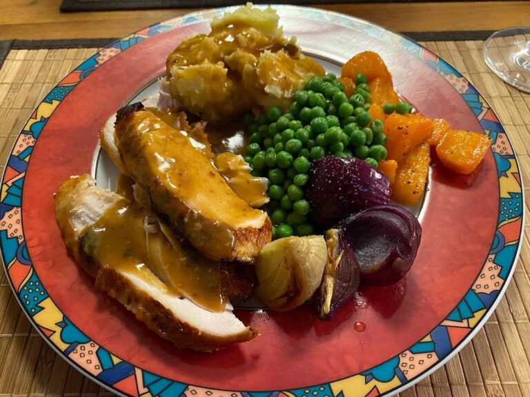 In news that will surprise no one, we made way too much food for two people. (Turkey, mashed potatoes, roasted onions, glazed carrots, peas, and gravy for dinner!)