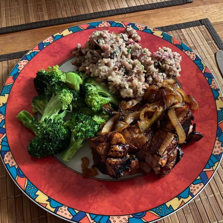 A homemade dinner designed to bring luck in the New Year! Slow-roasted pork belly, Hoppin’ John, and broccoli.