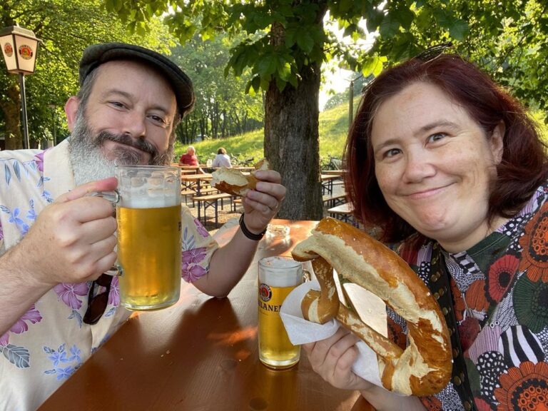 My sister texted me, “I’ve lost weight!” I turned to Rodd, “Look as chubby and happy as possible.” 😂🥨🍻 (2022 Biergarten count: 6)