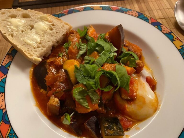 Dinner: ratatouille with chorizo and baked egg, with homemade bread courtesy of the Snook!