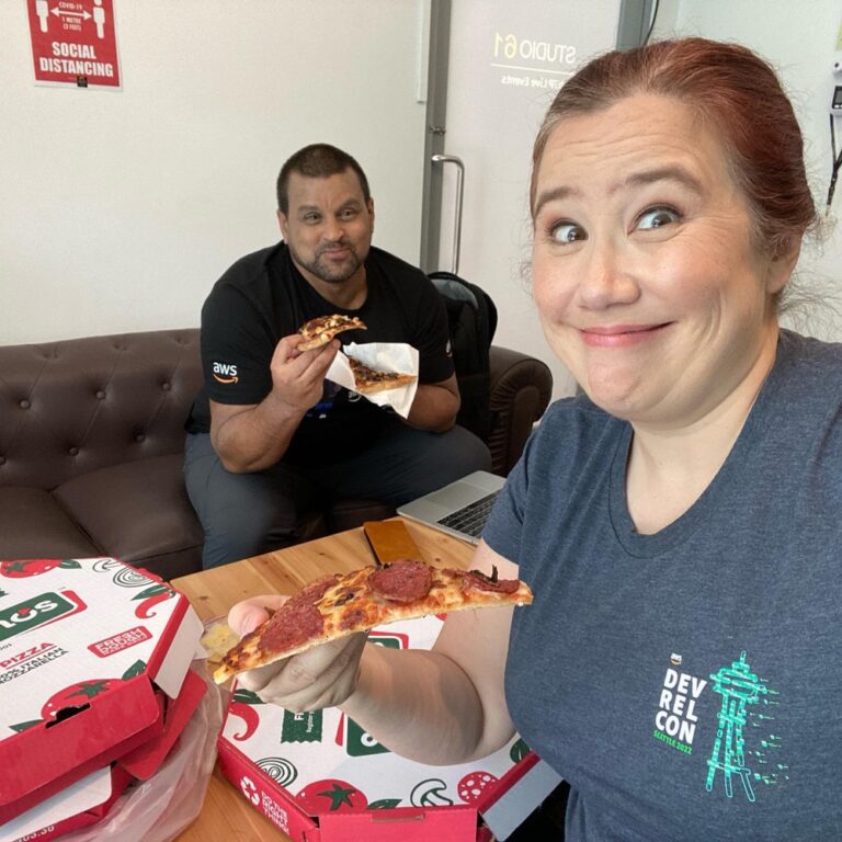 Hard at work again with Dean Samuels preparing for *another* big event - AWS Innovate for Every App, happening tomorrow across Asia-Pacific! Still time to register… 🍕