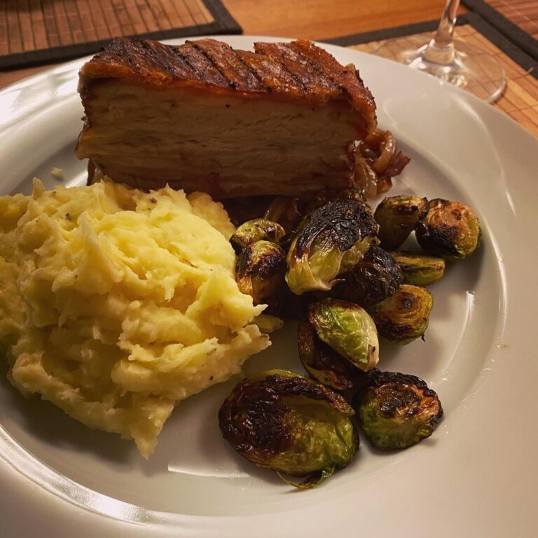 Sticky slow roast pork belly (made by the Snook), with charred Brussels sprouts and mash (made by me). 😍