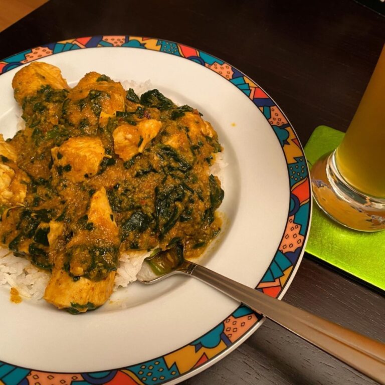 Chicken Saag Curry and beer. (We’ve used up all the rice!)