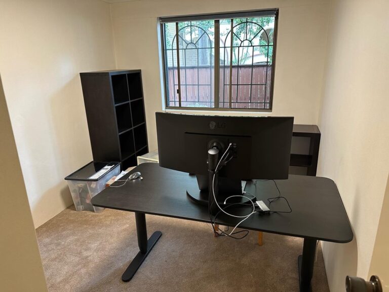 The office is starting to come together. Still need to repaint the ceiling, replace the window blind,  get more black Kallax shelves and storage boxes for the left wall, and pick out an office chair and floor mat. But hey, I’m not sitting at the dining room table anymore!