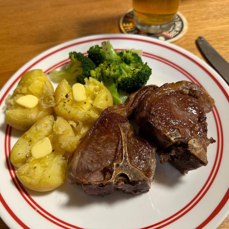 Lamb chops, smashed potatoes, and broccoli. (And beer.) Simple but delicious!