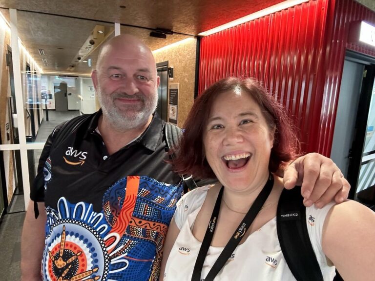 Managing to grab a last second selfie in my AWS dress with Dr. Werner Vogels in his new IndigenousANZ@ shirt? PRICELESS. 😆