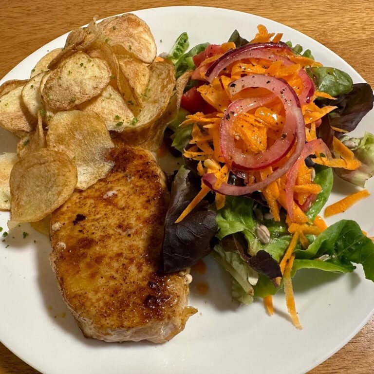 The Snook welcomed me home with a lovely dinner: pork loin, salad, and homemade rosemary-garlic potato chips. 😍