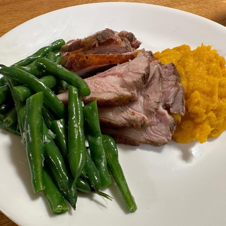 Sous vide lamb rump, pumpkin mash, and garlic green beans. (His sous vide machine is still on the boat from Germany, so he had to get creative.) 😂☕️ #cookinghacks