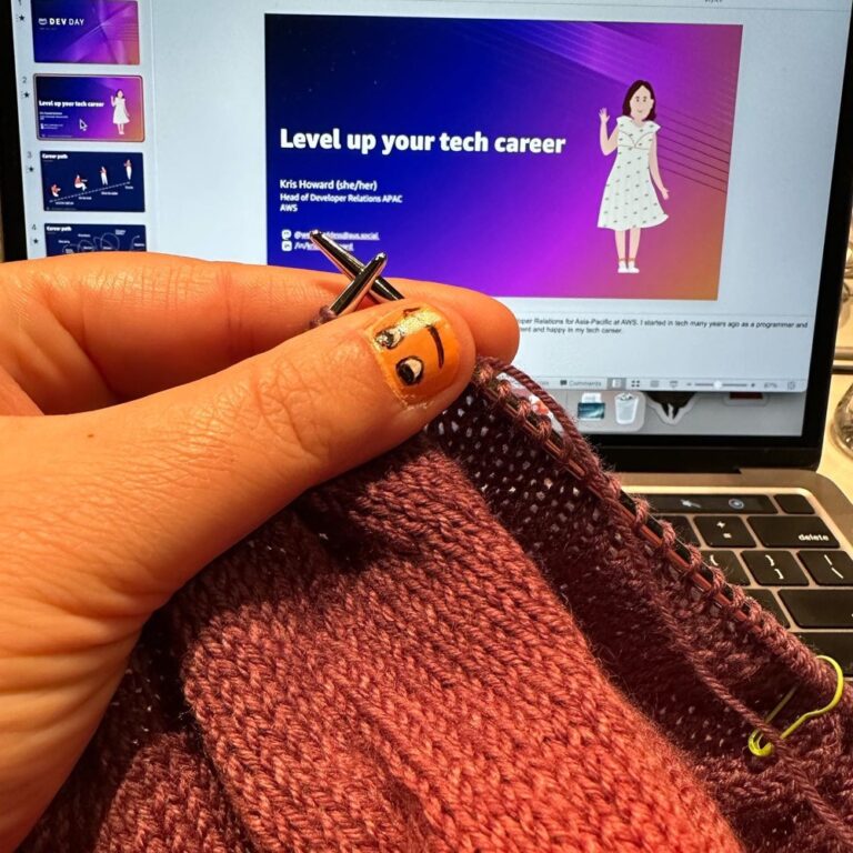 How odd. I appear to be the only person in the #AWSDevDay speaker prep room who is knitting while they review their slides. 🤔🧶