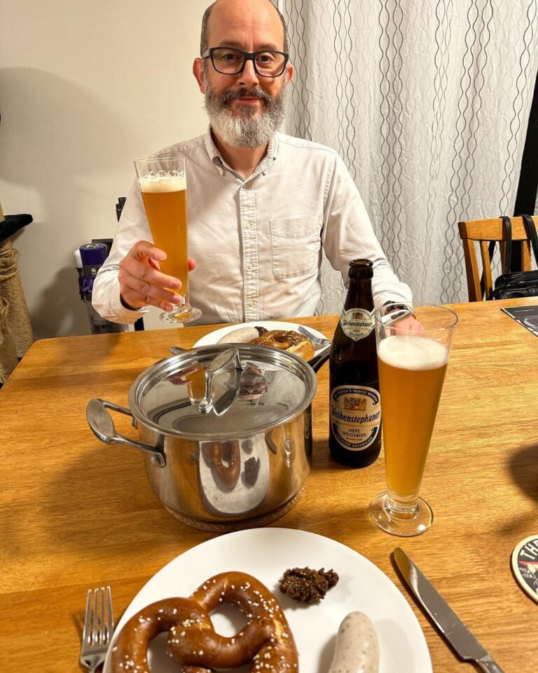 Our first Weisswurst since leaving Germany. We’re having it for dinner, but I comfort myself that it wasn’t yet noon in Munich. ❤️🥨🍻 Logistics: This required travel to four separate specialty shops, considerably more outlay of funds than in Munich, and the Snook had to make his own süßer Senf (which wasn’t quite right but we’ll get there).