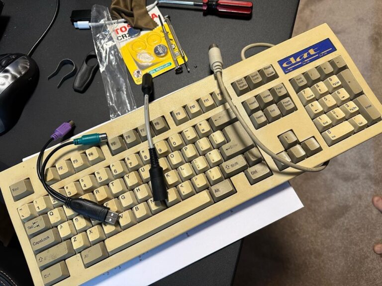 Funemployment stage 257: restoring a 30+ yo keyboard he found in his childhood bedroom. He had to order a connector and solder some things together, but it definitely works! Next step - CLEAN IT. (It’s so gross.) ⌨️🛁