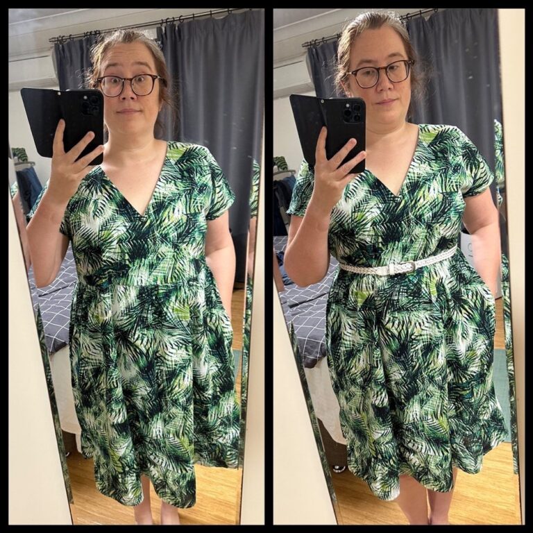 Did a test run of #seamworkbenning today with some random stash cotton. I lined the top (since it’s a bit sheer), then had to get creative with adding panels to (and shortening) the skirt due to fabric constraints. Hmm. It’s a bit shapeless, but a belt helps. Definitely some fitting issues to address before I do the real one! #awsdressv2 🧵🪡👗