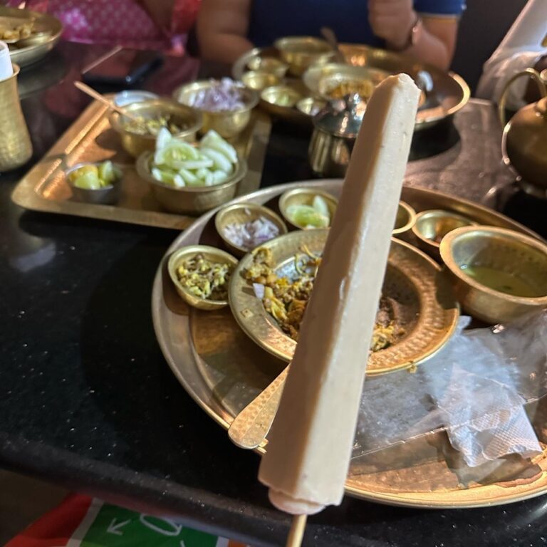 Exploring new foods! Tonight’s post-event dinner was “misal pav,” spicy vegetarian curry eaten with hot buttered bread rolls. It’s a very traditional dish here in the Pune region. For dessert I had kulfi, which is like a dense ice cream. Everything was so good! I’m stuffed.