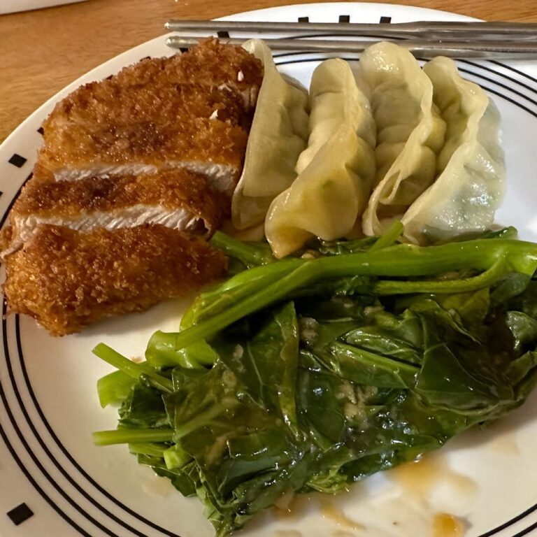 Pork katsu, gyoza, and gai lan - homemade Japanese dinner from the Snook! (Okay, the gyoza were from Aldi.) 🥟