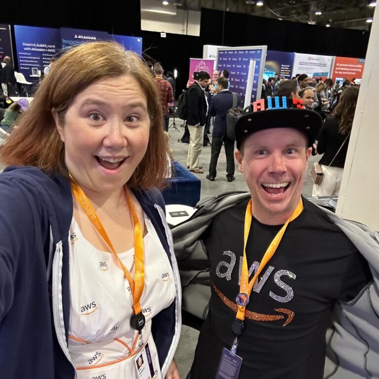 The AWS dresses v1 and v2 made quite a splash this year! For every selfie I took with someone, there were probably 3 more taken by others. Stay tuned for my Community.AWS blog post about the creation process! #awsreinvent #awsdress #awsdressv2 ❤️👗