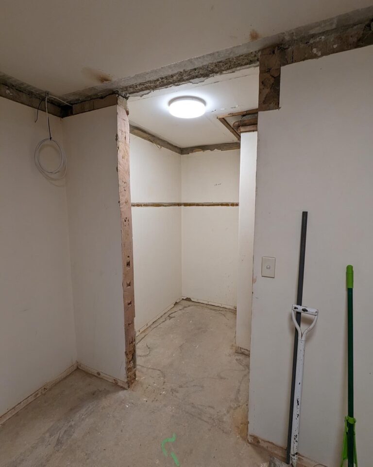 Week 3: Two of the new walls are built, and plumbing and electrical have been chased in. Our bathroom is finally a rectangle! The internet has been moved to a more practical location, and we can start to see what the back entrance hallway will look like. Next up is to fix the very uneven floor before plastering can begin… 🏠🚧