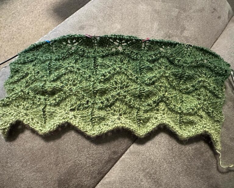 I frogged my gradient scarf for the 3rd time and started over. I’m still not sure what this yarn wants to be. This pattern is meant to look like gingko leaves, and I’m liking it so far! #knitting 🧶