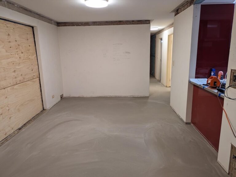 Week 5: Not a lot of visible progress. They poured a leveling compound to help smooth out some of the dips in the floor, which took a while to set. They also removed the old A/C and started installing the new units. They’re also building in a bulkhead for the new kitchen pass lights. 🏠 #renovation