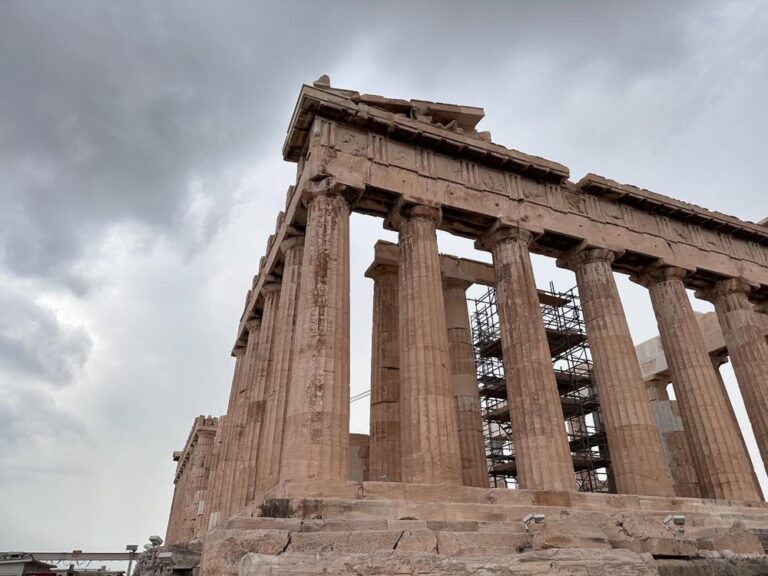 The Acropolis! We entered via the South entrance near the museum to avoid the crowds. I was particularly excited to see the Theatre of Dionysus. 🎭 As we finally neared the top, the sky began to look ominous. It made for some very dramatic shots of the architecture! I felt incredibly fortunate to get to see one of the greatest achievements of mankind. And then, of course, the heavens opened and we (along with everybody else) got soaked. 🌧️😂 Ah well…