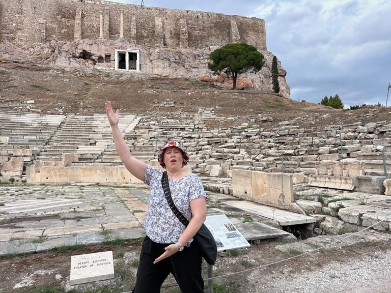 The Acropolis! We entered via the South entrance near the museum to avoid the crowds. I was particularly excited to see the Theatre of Dionysus. 🎭 As we finally neared the top, the sky began to look ominous. It made for some very dramatic shots of the architecture! I felt incredibly fortunate to get to see one of the greatest achievements of mankind. And then, of course, the heavens opened and we (along with everybody else) got soaked. 🌧️😂 Ah well…