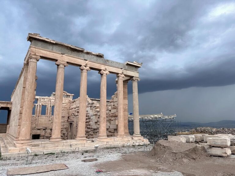 The Acropolis! We entered via the South entrance near the museum to avoid the crowds. I was particularly excited to see the Theatre of Dionysus. 🎭 As we finally neared the top, the sky began to look ominous. It made for some very dramatic shots of the architecture! I felt incredibly fortunate to get to see one of the greatest achievements of mankind. And then, of course, the heavens opened and we (along with everybody else) got soaked. 🌧️😂 Ah well…