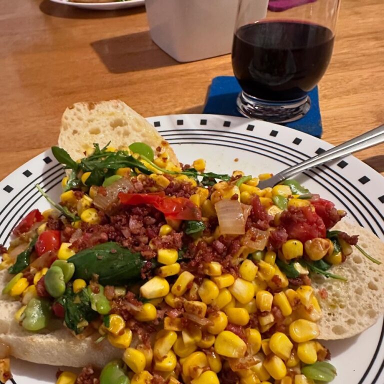 Summer Succotash with Bacon. I shelled, cooked, and peeled more than a pound of broad beans!😋