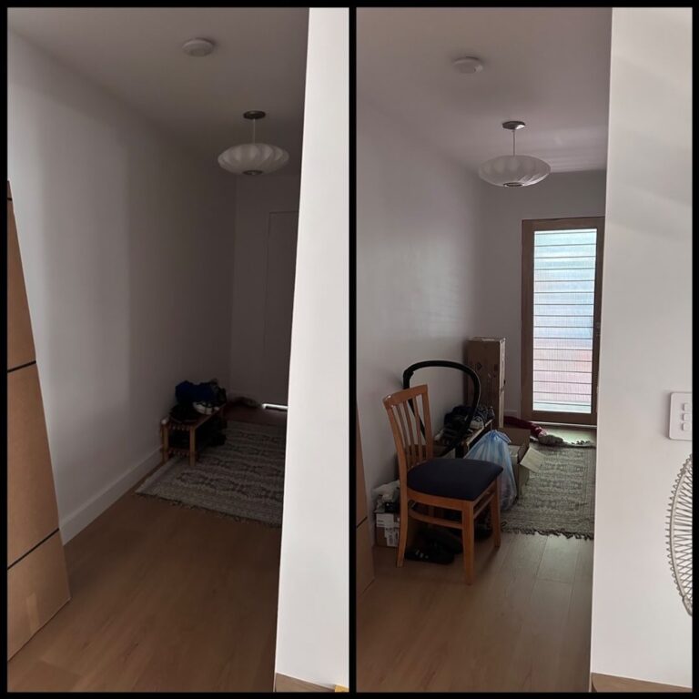 On the left is the front hallway with our old solid door. On the right is the new one with reeded glass. Even on a cloudy day, we get a lot more light in! 😍