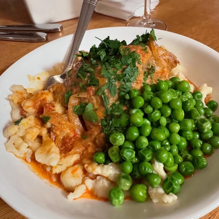 Homemade chicken paprikash (with Spanish paprika from @encinar), and he even made his own spätzle! 😍