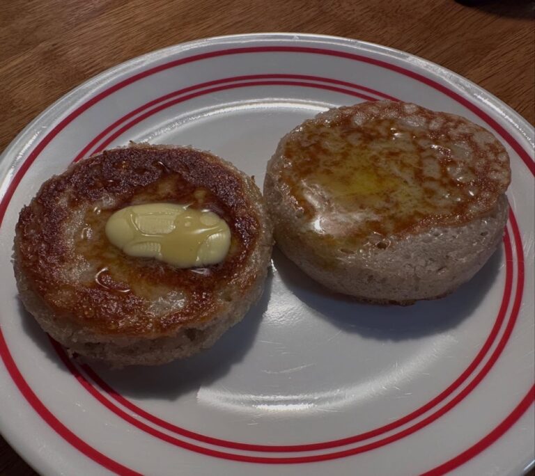 Mr. Snook recently revived his sourdough starter, so this morning we had homemade sourdough crumpets for breakfast. 😍