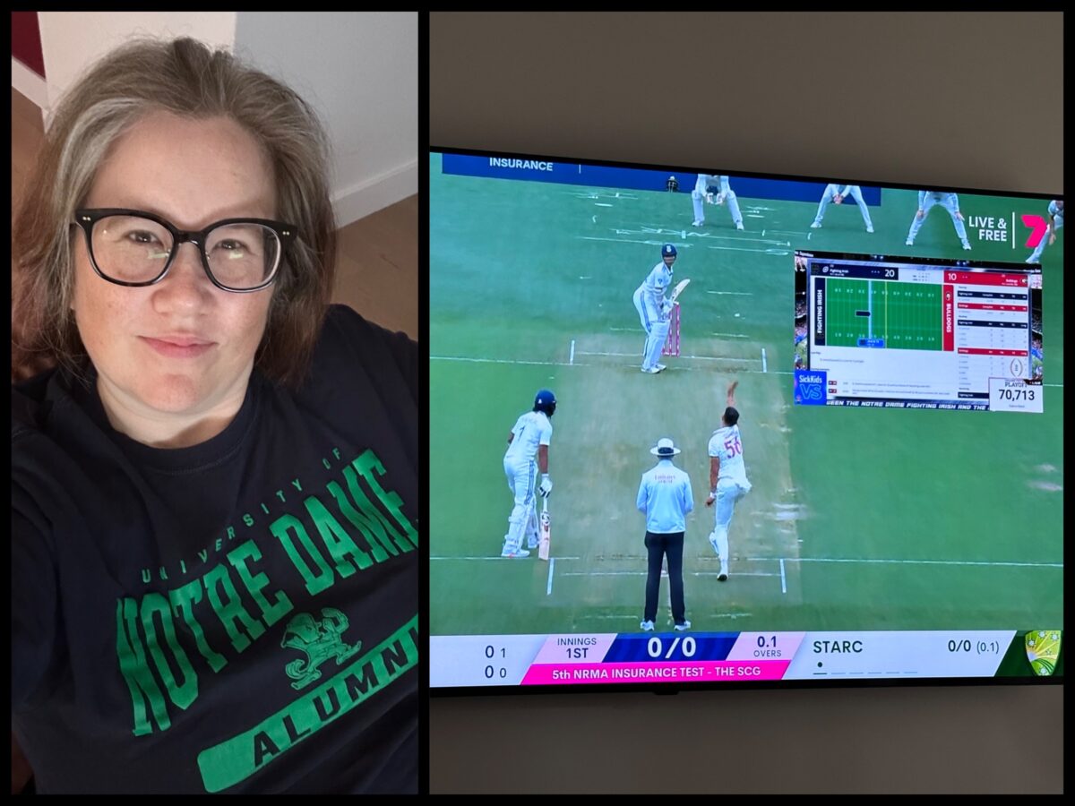 A collage. On the left is a a selfie of a woman in a Notre Dame alumni shirt. On the right is a TV showing both cricket and football.