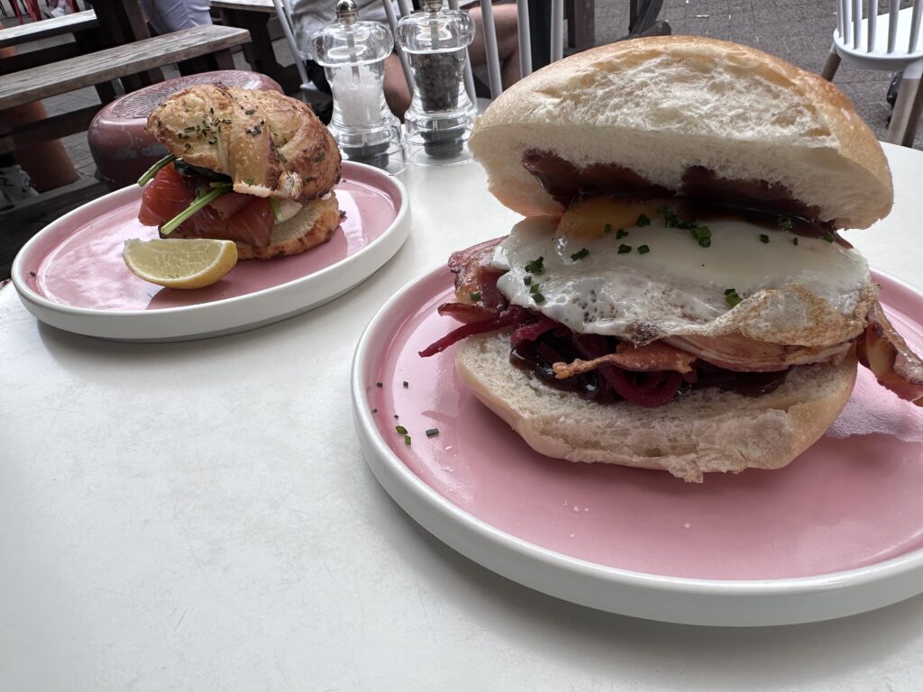 Egg and bacon sandwich and salmon roll