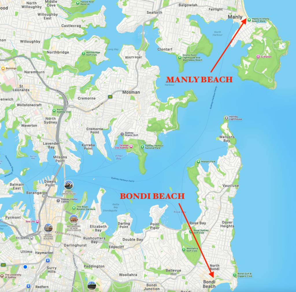 Map of Bondi and Manly beaches