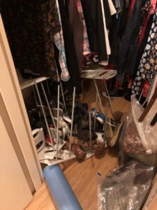 Sick at home, dialled into important all day work meeting, when I hear an allmighty CRASH. 💥 Go to bedroom and open closet door to see shoe rack in pieces. Somebody pulled it down and gave themselves a fright! 🙀 https://t.co/AkXv9NnhEn