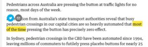 Placebo buttons: Australian pedestrians press for no reason at traffic lights https://t.co/k5tIAZfUH8 // I highlighted the key bit. "Most of the time" means you still have to press the damn button. 😐 https://t.co/SDbiVNi781