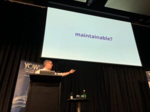 “Architects love to throw out a word like ‘maintainable,’ drop the whiteboard marker, and walk out of the room... leaving all the develops looking confused.” Yup. #yow18 @neal4d https://t.co/XSuXW5PTBX