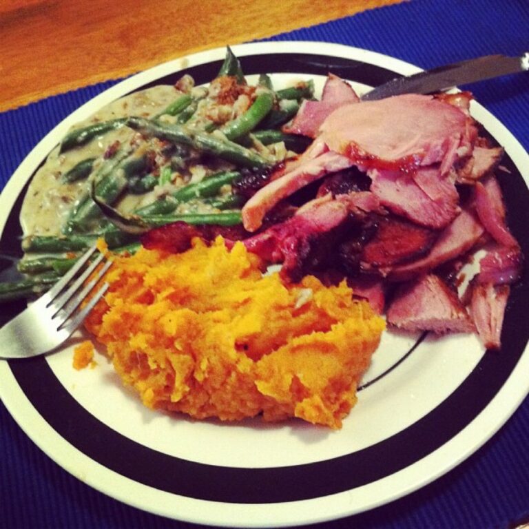 Nigella's Coca-Cola Ham, Sweet Potato Mash, and Green Bean Casserole. Yum.