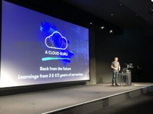 Next #dotc19 speaker is @samkroon from @acloudguru sharing lessons from 3.5 years of building and refining a serverless platform - all Lambda, no EC2! #devops https://t.co/s5f7AC6Flr