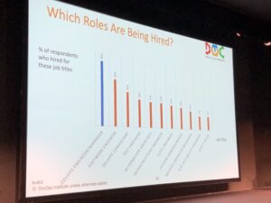 Hearing some fascinating statistics from @JayneGroll of @DEVOPSINST about DevOps skills and jobs in demand, and trends across market. #dotc19 #devops https://t.co/0Cfd6Isbp0