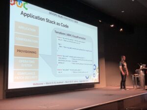 It’s possible to define your entire application stack as code. @AnthonyRees walking us through compliance, OS, provisioning, configuration, app… #dotc19 #devops https://t.co/S8vrUkmCyq