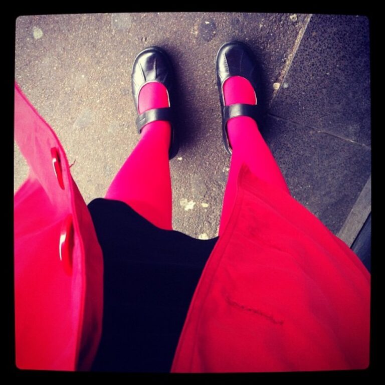 Red tights, red coat, red thoughts.