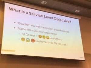 Forget SLAs. @jennski says Site Reliability Engineering should focus on Service Level Objectives, which are internal measures and map to customer experience. SLAs are just contractual agreements - rarely around customer happiness. #dotcnz #dotc19 #devops https://t.co/j7FaRnBmjc