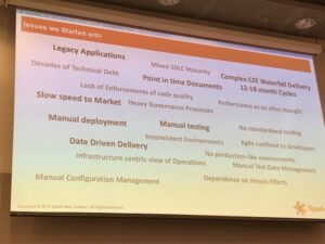 Penultimate talk of the day is Mike Owen and Ankit Gupta sharing @SparkNZ DevOps journey. They started with a daunting set of issues: legacy apps, decades of technical debt, 12-18mo delivery cycles, and more. #dotcnz #dotc19 #devops https://t.co/HhdymZgvH2