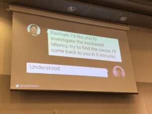 As Incident Commander, the phrase you want to avoid when assigning tasks is “Can someone...?” You need to make a clear assignment, time box it, and get acknowledgement. Avoid bystander effect. @mattstratton #dotcnz #dotc19 https://t.co/fg0CMMvcvV