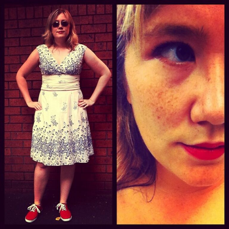 New frock for New Year's Eve. Red shoes, red lips.