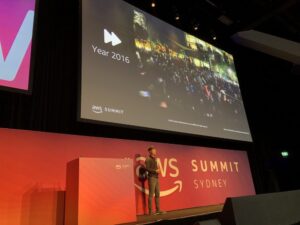 Injae Kwak talking about creating immersive, interactive experiences... and giving us a flashback to Sydney’s Pokémon Go craze a few years ago! #AWSsummit https://t.co/OX80Ma5VHW