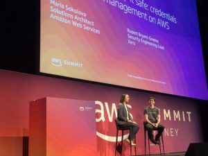 Nice crowd for Maria Sokolova in conversation with Rupert Bryant-Greene from @Xero, talking about identity management and security. #AWSSummit https://t.co/3jzBOLgzuN