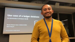 Next up at Sydney #awsusergroup is Sayem - who happens to be on my AWESOME team! - talking about Amazon QLDB, a full managed ledger database. https://t.co/1gEGyNQaro